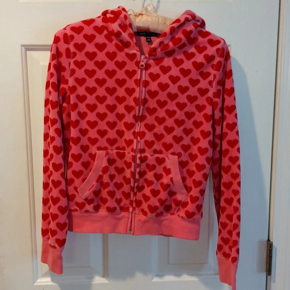 GapKids Vintage Y2K Heart Zip Up Hoodie Velour Girls XXL 14-16 Pink Red Full Zip - Picture 2 of 11